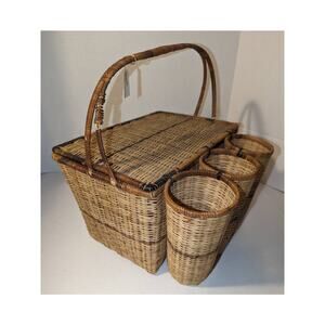 Vintage 1960's Camping Picnic Wicker Basket Triple Wine Bottle Holders